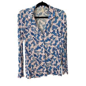 Lilly Pulitzer EUC Dog Print Pink Blue Long Sleeve Button Down Pajama PJ Shirt S